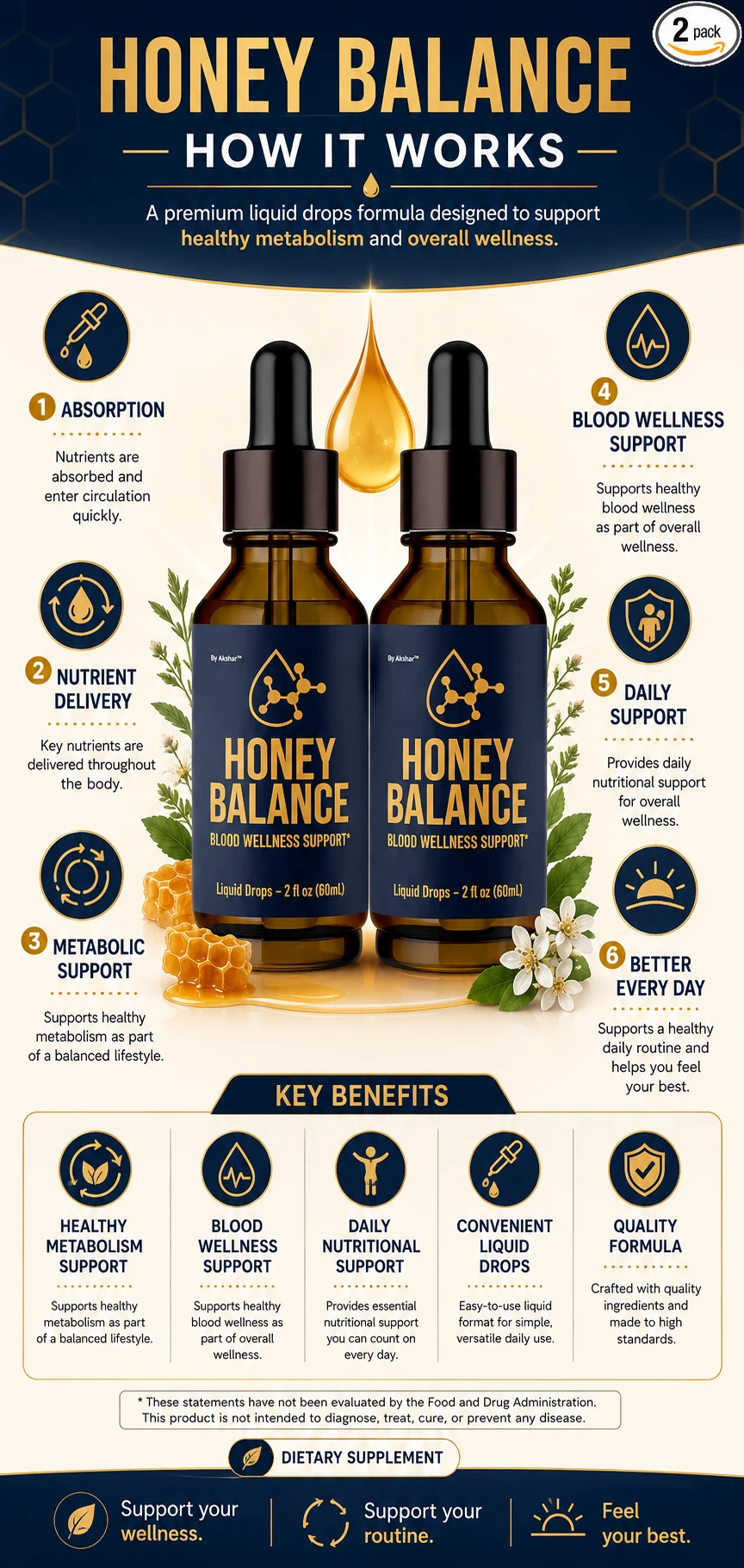 How HoneyBalance works — absorption, nutrient delivery, metabolic support, blood wellness support, daily support and better every day